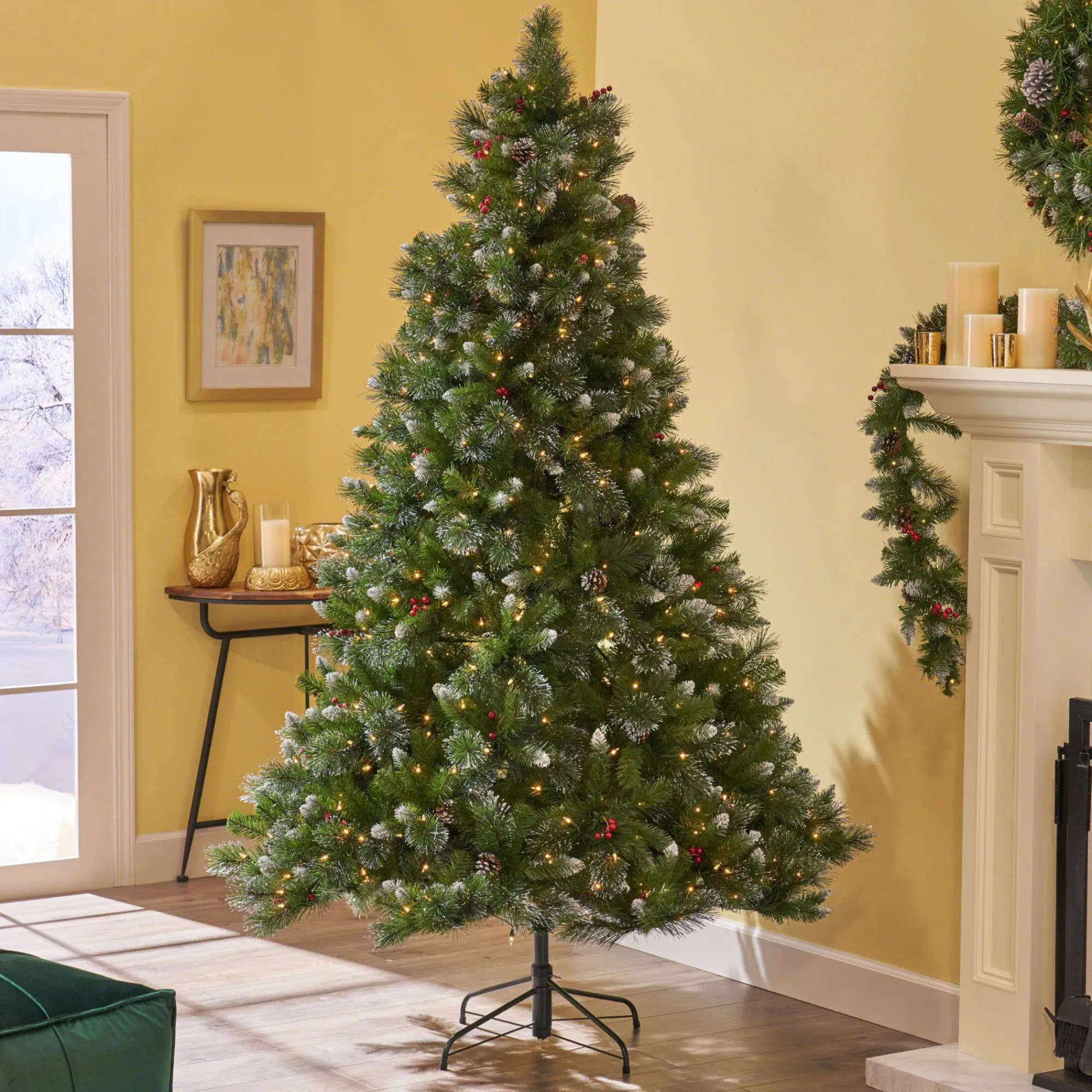 Contemporary Home Living Pre-Lit-7.5' Pre-Lit Medium Mixed Spruce Artificial Christmas Tree With Glittered Branches - Clear Lights