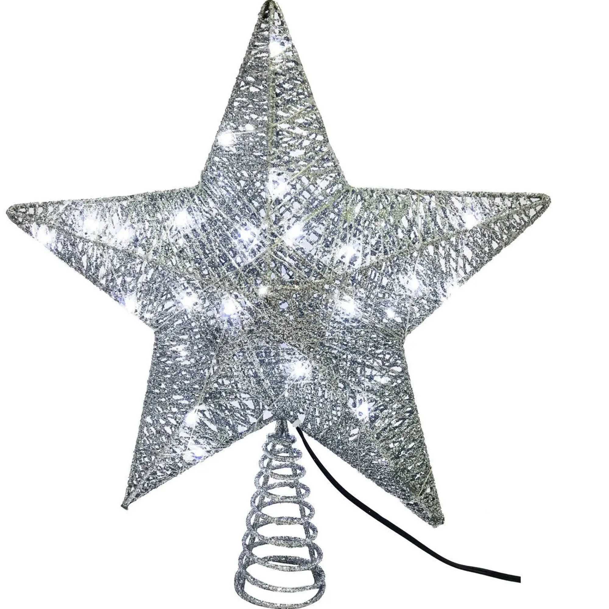 KSA Stars-13" Pre-Lit Silver Glittered Star Christmas Tree Topper, Cool White Led Lights