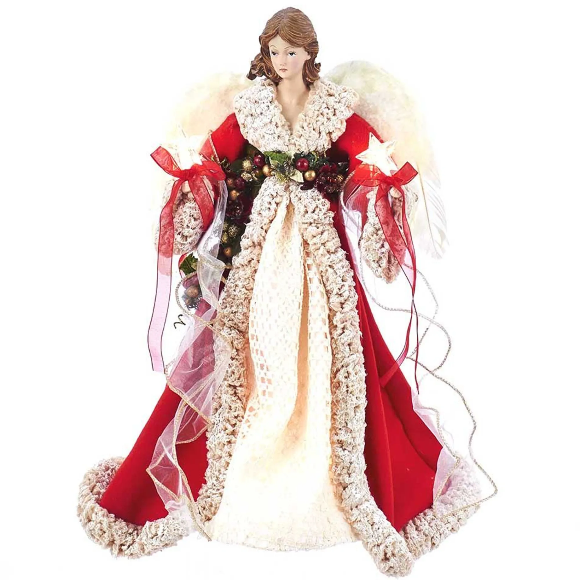 CC Christmas Decor Angels-16" Red And Ivory Decorative Christmas Indoor Accent Lighted Angel Tree Topper