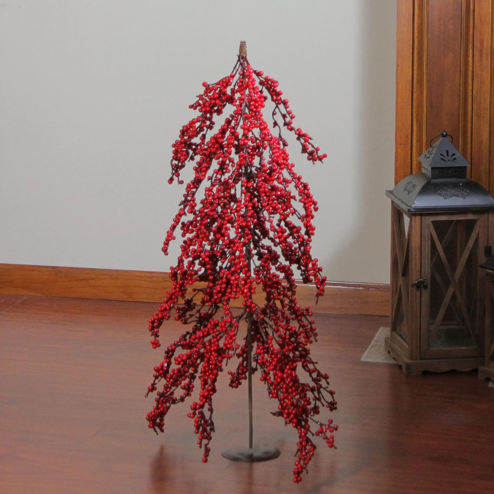 Northlight Upside Down-2.5' Red Berries Artificial Upside Down Christmas Tree - Unlit