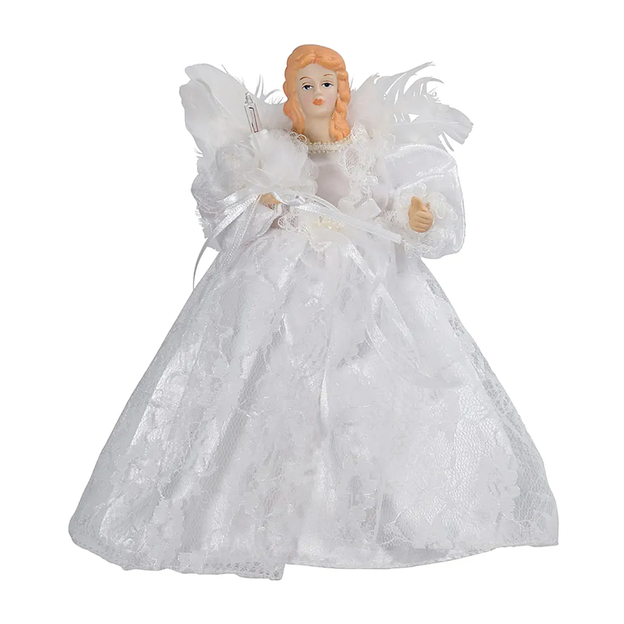KSA Angels-9" Seasons Of Elegance White Lace Angel Christmas Tree Topper - Clear Lights