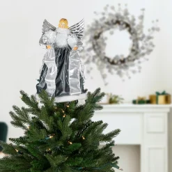 Northlight Angels-12" Slate And Metallic Silver Sequined Angel Christmas Tree Topper, Unlit