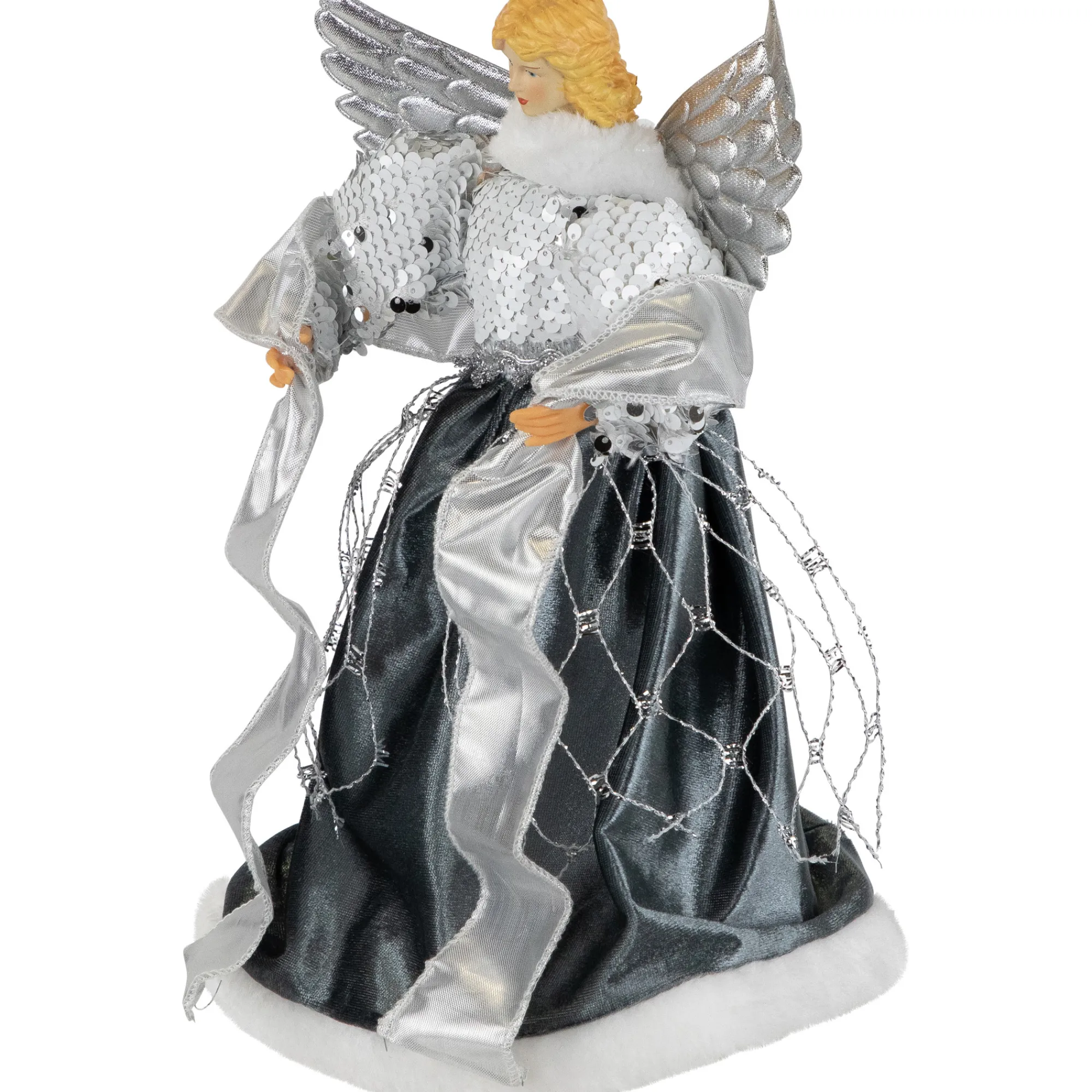 Northlight Angels-12" Slate And Metallic Silver Sequined Angel Christmas Tree Topper, Unlit
