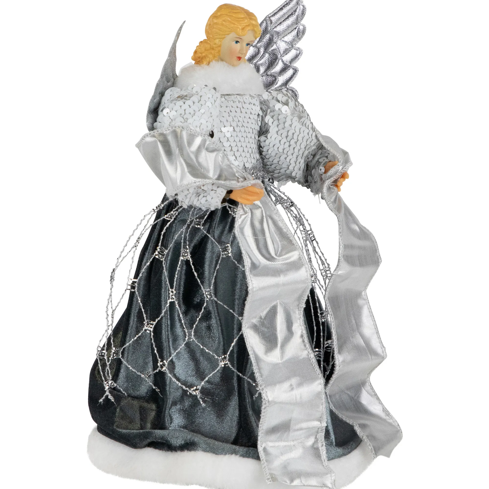 Northlight Angels-12" Slate And Metallic Silver Sequined Angel Christmas Tree Topper, Unlit