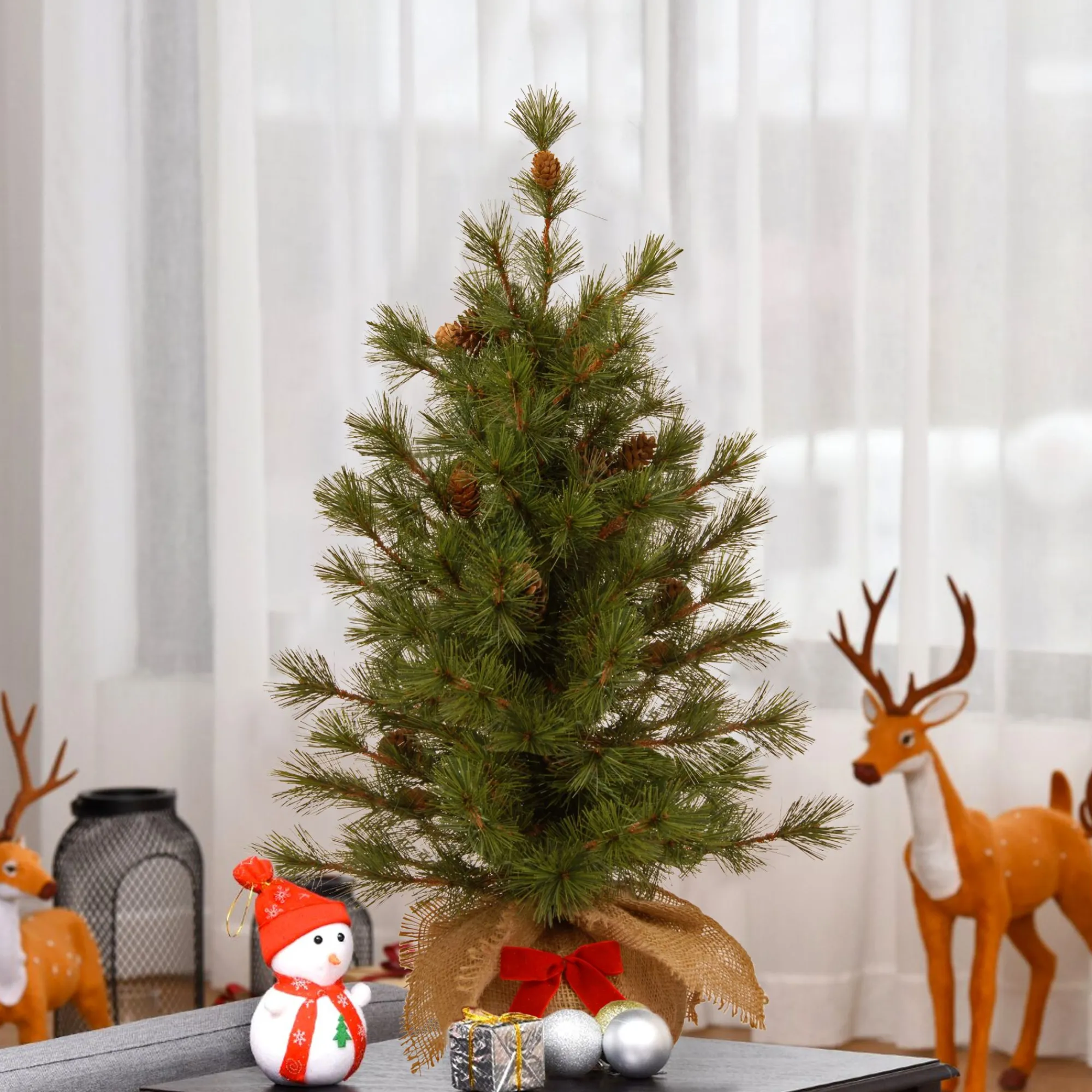 Christmas Central Unlit-3' Slim Bristle Cone Pine Burlap Base Artificial Christmas Tree - Unlit