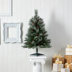 Nearly Natural Unlit-3' Snowed French Pine Artificial Christmas Tree With Pinecones, Unlit