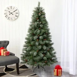 Nearly Natural Unlit-6' Snowed French Pine Artificial Christmas Tree With Pinecones, Unlit