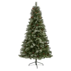 Nearly Natural Unlit-7' Snowed French Pine Artificial Christmas Tree With Pinecones, Unlit