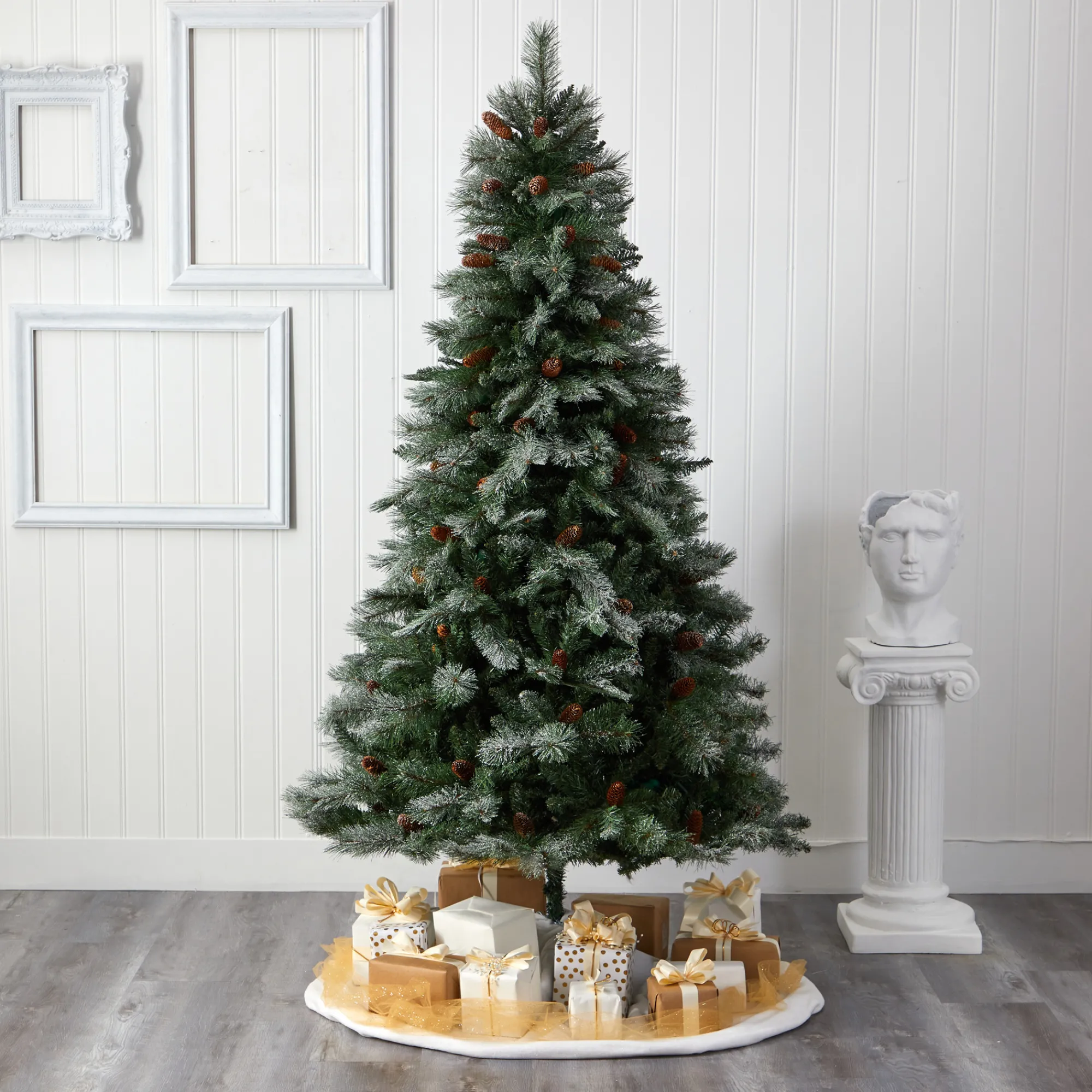 Nearly Natural Unlit-7' Snowed French Pine Artificial Christmas Tree With Pinecones, Unlit