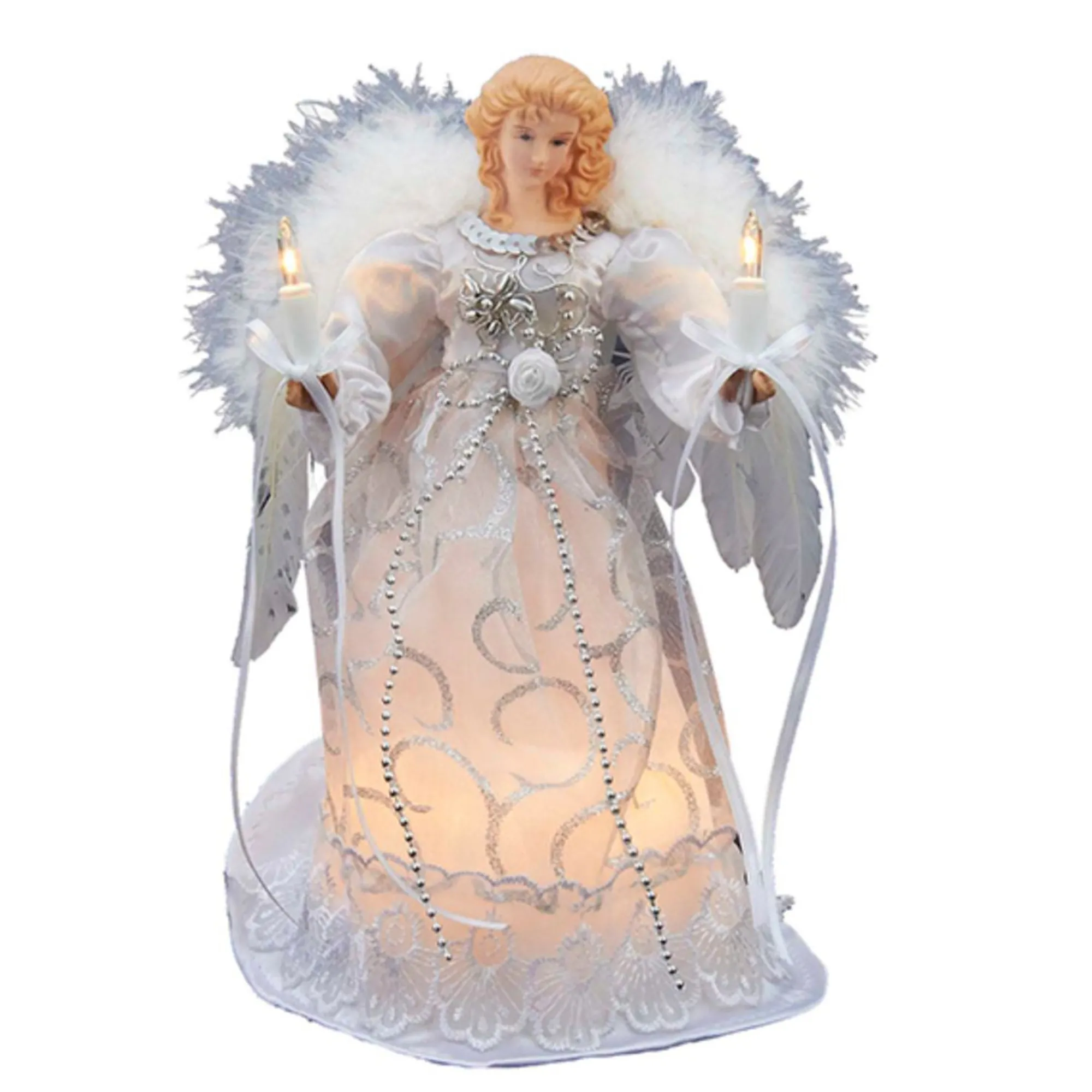 KSA Angels-9" Virtuous White And Shimmering Silver Lighted Angel Christmas Tree Topper - Clear Lights