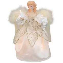 Kurt Adler Angels-9" White And Gold Angel With Feather Wings Christmas Tree Topper - Clear Lights