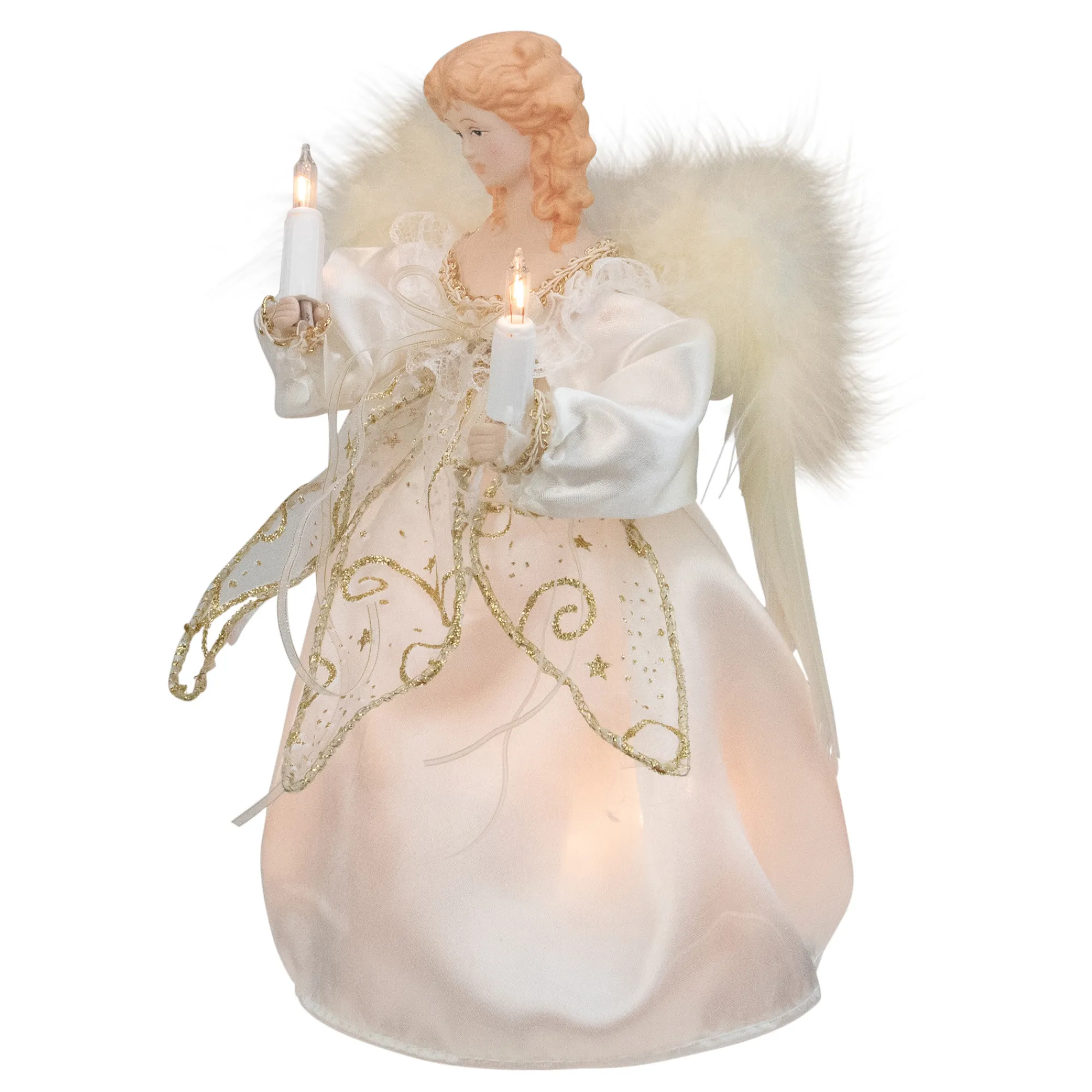 Kurt Adler Angels-9" White And Gold Angel With Feather Wings Christmas Tree Topper - Clear Lights