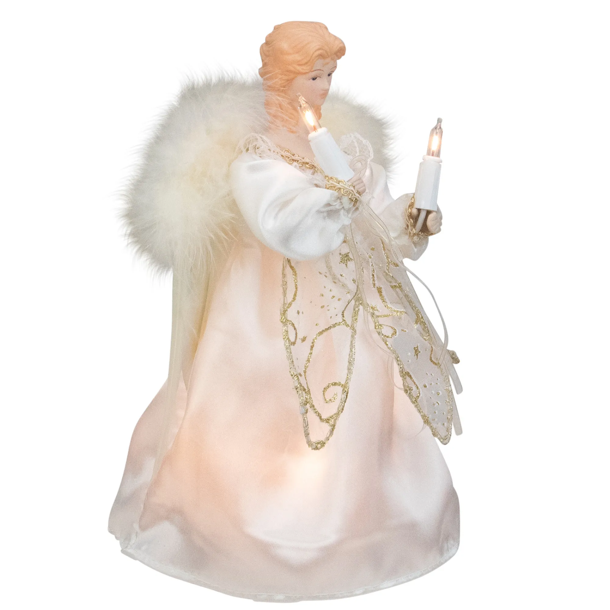 Kurt Adler Angels-9" White And Gold Angel With Feather Wings Christmas Tree Topper - Clear Lights