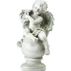 Northlight Finials-15.25" White And Green Cherub Angel Sitting On A Sphere Finial Playing Instrument Outdoor Garden Statue