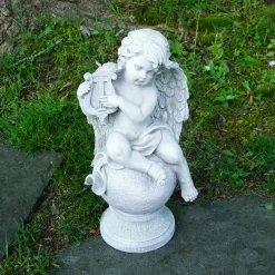 Northlight Finials-15.25" White And Green Cherub Angel Sitting On A Sphere Finial Playing Instrument Outdoor Garden Statue