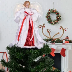 Northlight Angels-14" White And Red Angel With Lighted Wings Christmas Tree Topper