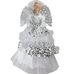 Northlight Angels-16" White And Silver Lighted Fiber Optic Angel Sequined Gown Christmas Tree Topper