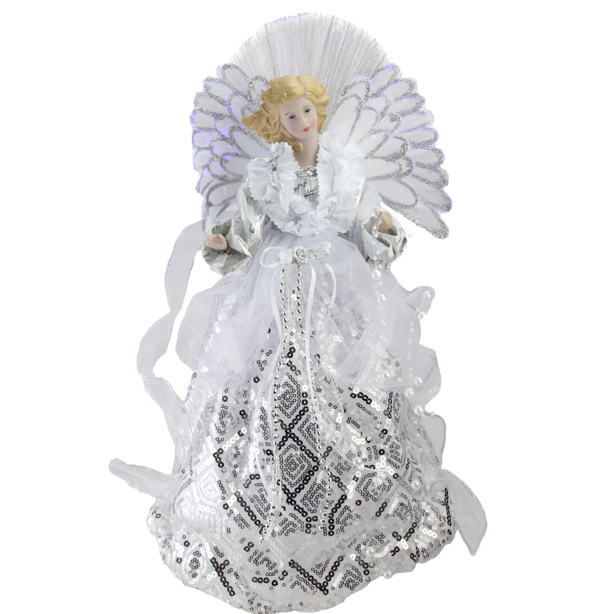 Northlight Angels-16" White And Silver Lighted Angel Sequined Gown Christmas Tree Topper