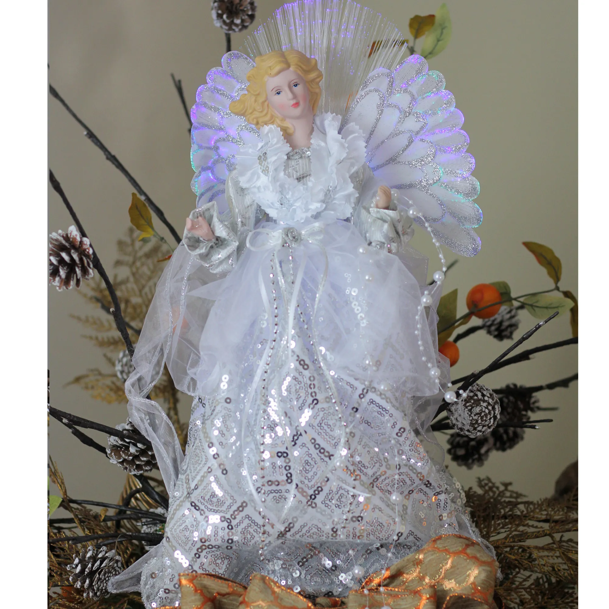 Northlight Angels-16" White And Silver Lighted Angel Sequined Gown Christmas Tree Topper