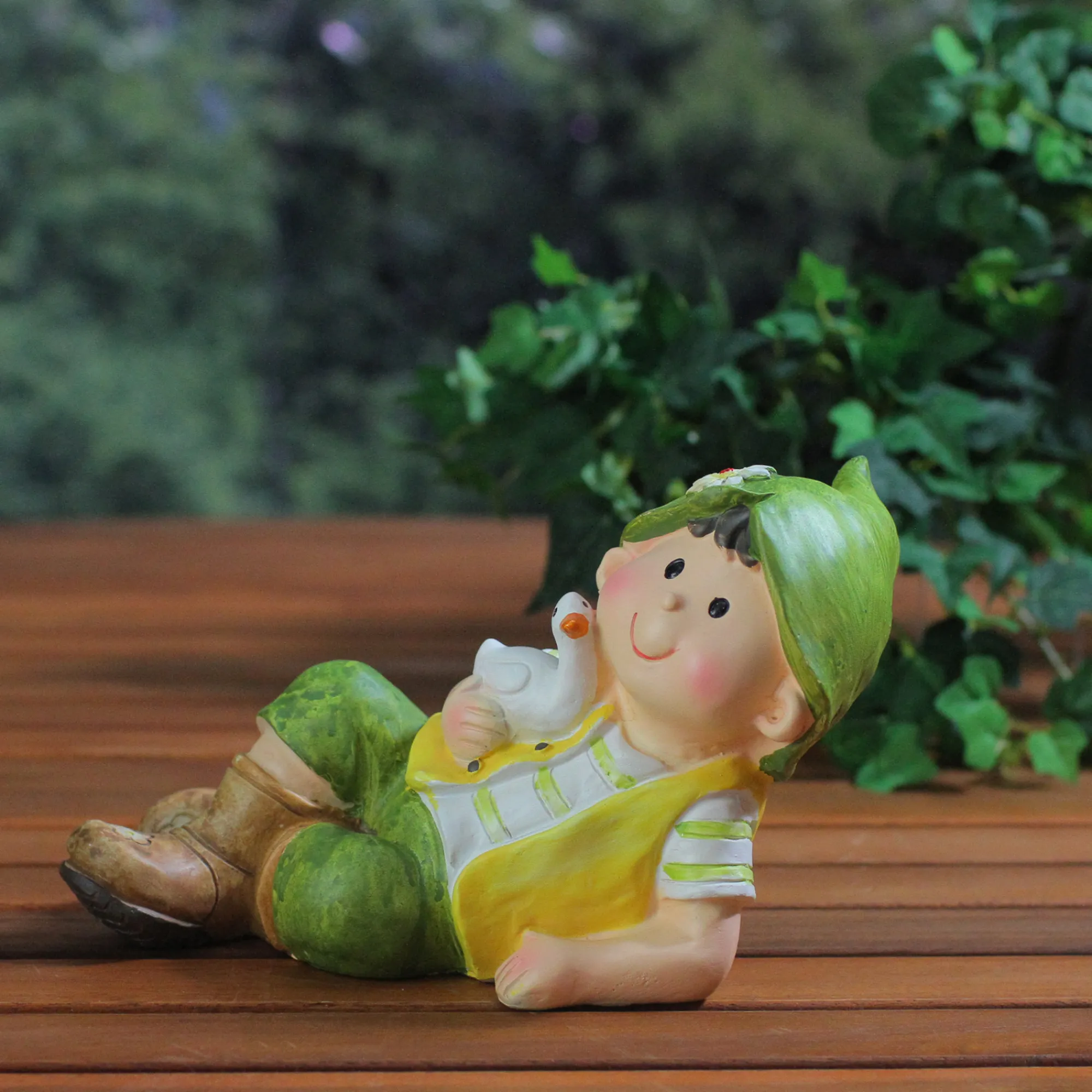 Northlight Finials-7.5" Young Boy Gnome Laying With Duck Spring Outdoor Garden Figure