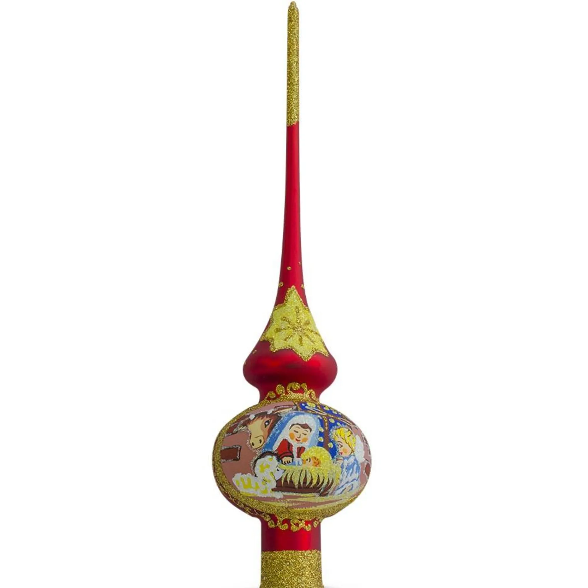 BESTPYSANKY Angels-Angels Admire Jesus Nativity Scene On Red Glass Christmas Tree Topper 11 Inches