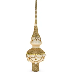 BESTPYSANKY Snowflake-Bejeweled Roses On Golden Glass Christmas Tree Topper 11 Inches