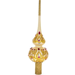 BESTPYSANKY Snowflake-Bejeweled With Golden Leaves And Red Sapphires Glass Christmas Tree Topper 11 Inches