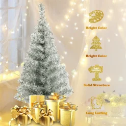 Costway Unlit- 3Ft Silver Tinsel Christmas Tree Unlit Artificial Plastic