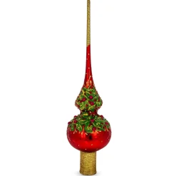BESTPYSANKY Snowflake-3D Embossed Poinsettia On Glossy Red Glass Christmas Tree Topper 11 Inches