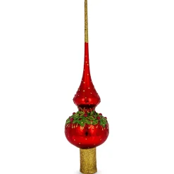BESTPYSANKY Snowflake-3D Embossed Poinsettia On Glossy Red Glass Christmas Tree Topper 11 Inches