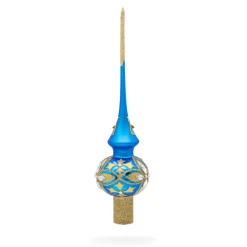 BESTPYSANKY Snowflake-Diamond Stars On Blue And Gold Glass Christmas Tree Topper 11 Inches