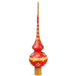BESTPYSANKY Snowflake-Diamond Trellis On Red Glass Christmas Tree Topper 11 Inches