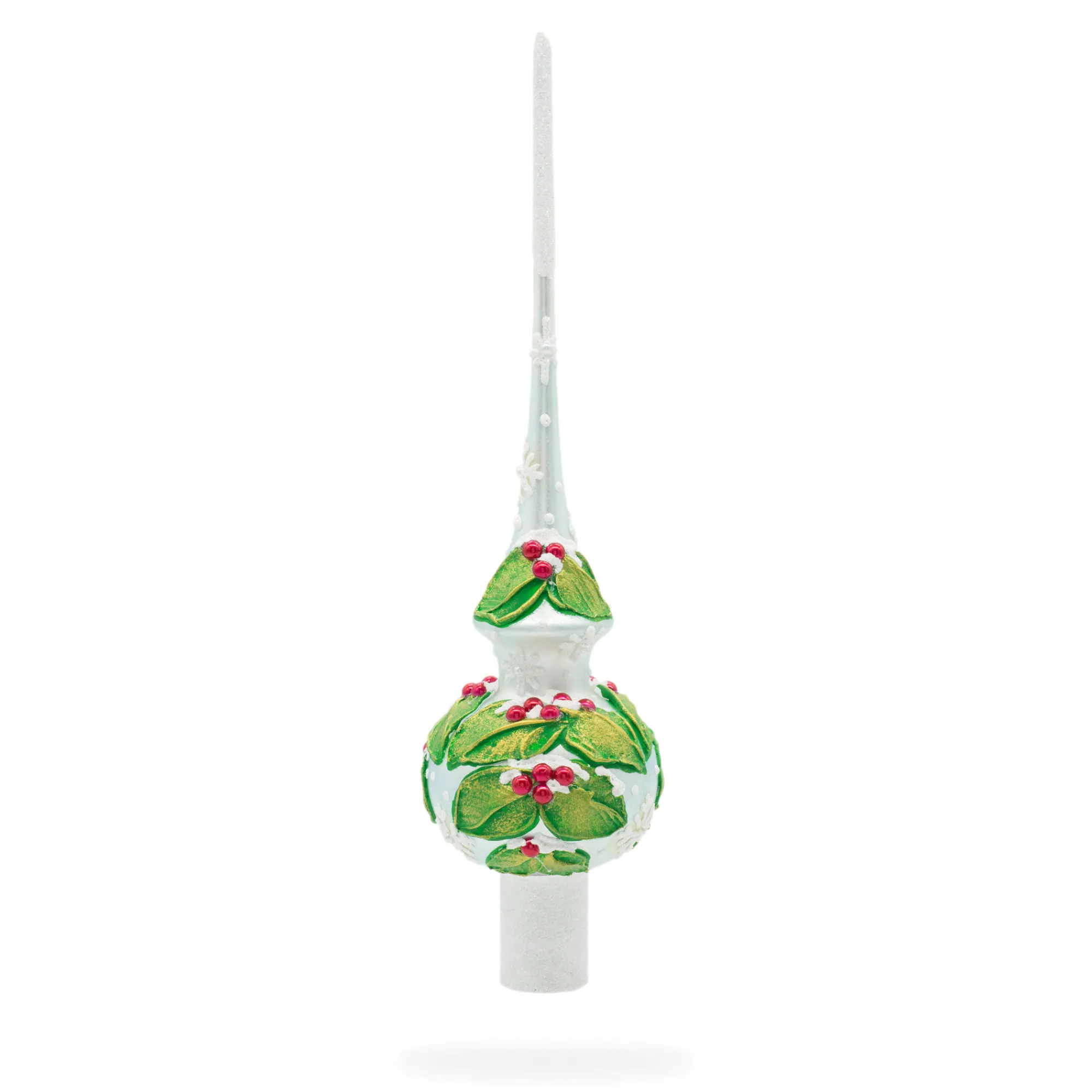 BESTPYSANKY Snowflake-Embossed Berries On Leaves Glossy Silver Glass Christmas Tree Topper 11 Inches
