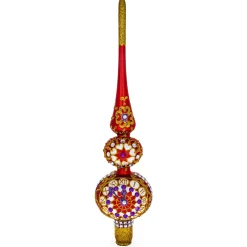 BESTPYSANKY Snowflake-Embossed Clock On Glittered Double Ball Red Glass Christmas Tree Topper 12.5 Inches
