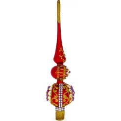 BESTPYSANKY Snowflake-Embossed Clock On Glittered Double Ball Red Glass Christmas Tree Topper 12.5 Inches