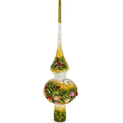 BESTPYSANKY Snowflake-Embossed Multicolored Embossed Flowers On White Glass Christmas Tree Topper 11 Inches