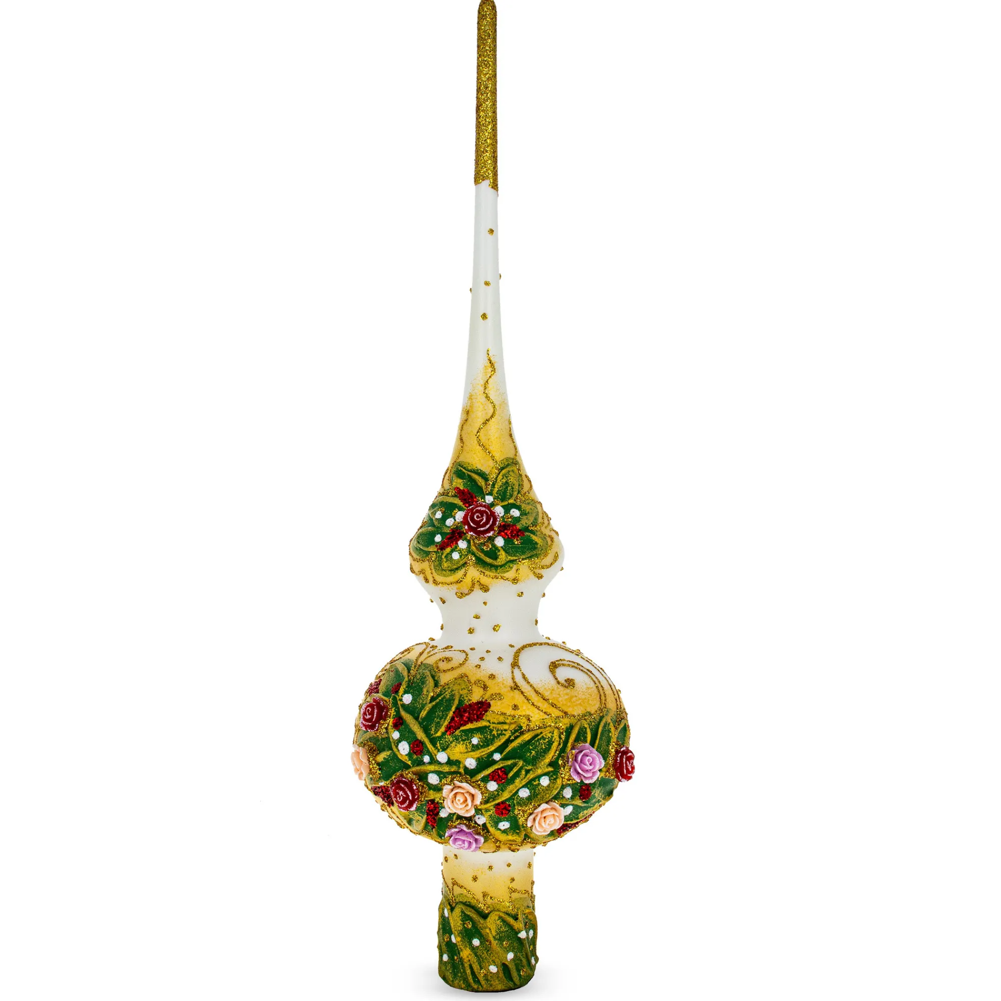 BESTPYSANKY Snowflake-Embossed Multicolored Embossed Flowers On White Glass Christmas Tree Topper 11 Inches