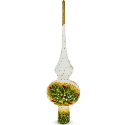 BESTPYSANKY Snowflake-Embossed Multicolored Embossed Flowers On White Glass Christmas Tree Topper 11 Inches