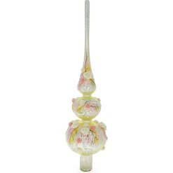 BESTPYSANKY Snowflake-Embossed Pink And White Roses On Double Ball White Glass Christmas Tree Topper 12.5 Inches