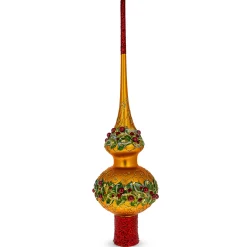 BESTPYSANKY Snowflake-Embossed Poinsettia Flowers On Gold Glass Christmas Tree Topper 11 Inches
