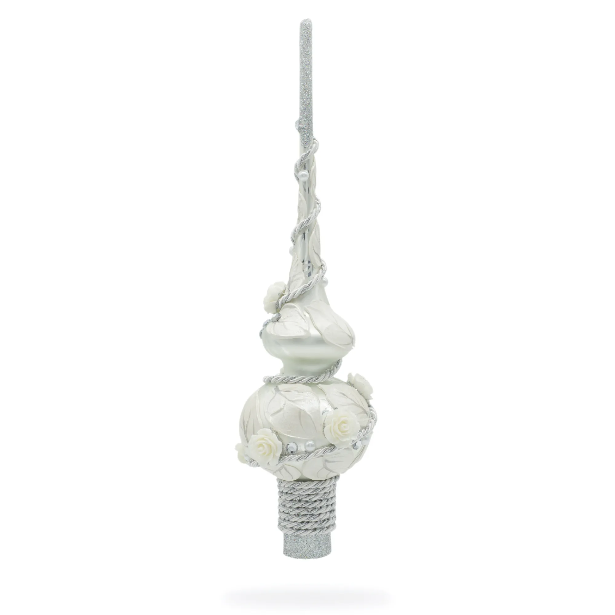 BESTPYSANKY Snowflake-Embossed White Roses Spiral On Glass Christmas Tree Topper 11 Inches