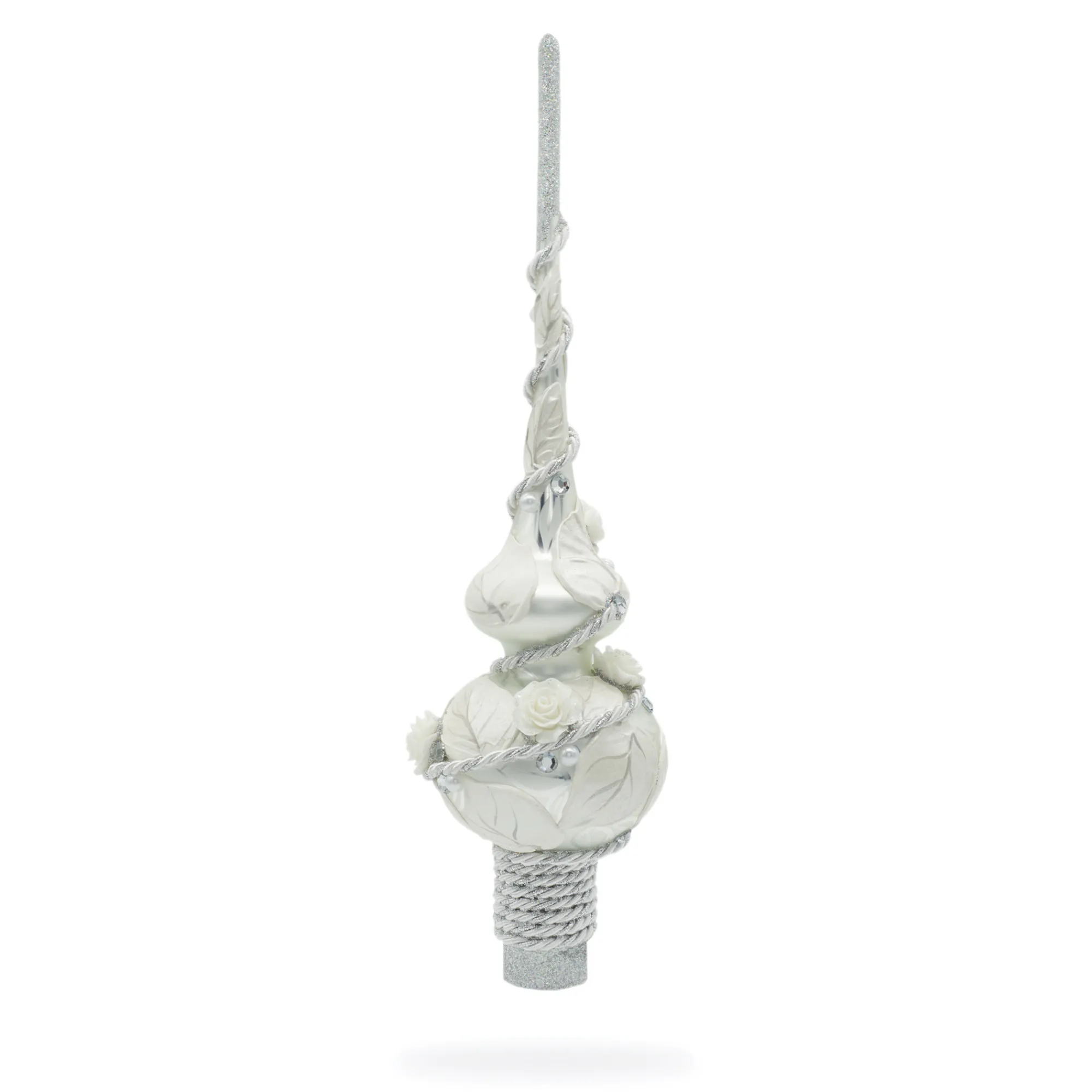 BESTPYSANKY Snowflake-Embossed White Roses Spiral On Glass Christmas Tree Topper 11 Inches