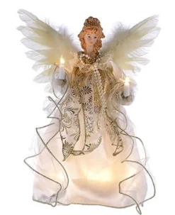 Kurt Adler Finials-Ivory And Gold Angel Light Up Christmas Tree Topper Decoration New 12 Inch