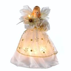 KSA Angels-Ivory And Gold Angel With Poinsettia Christmas Tree Topper - Clear Lights