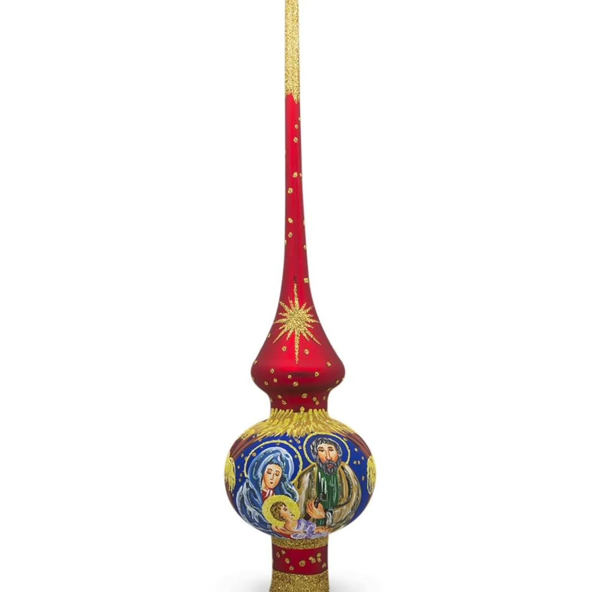 BESTPYSANKY Angels-Jesus, Mary And Joseph Nativity On Red Glass Christmas Tree Topper 11 Inches - Bbb-312