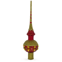 BESTPYSANKY Finials-Jeweled Gold On Red Glass Christmas Tree Topper 11 Inches