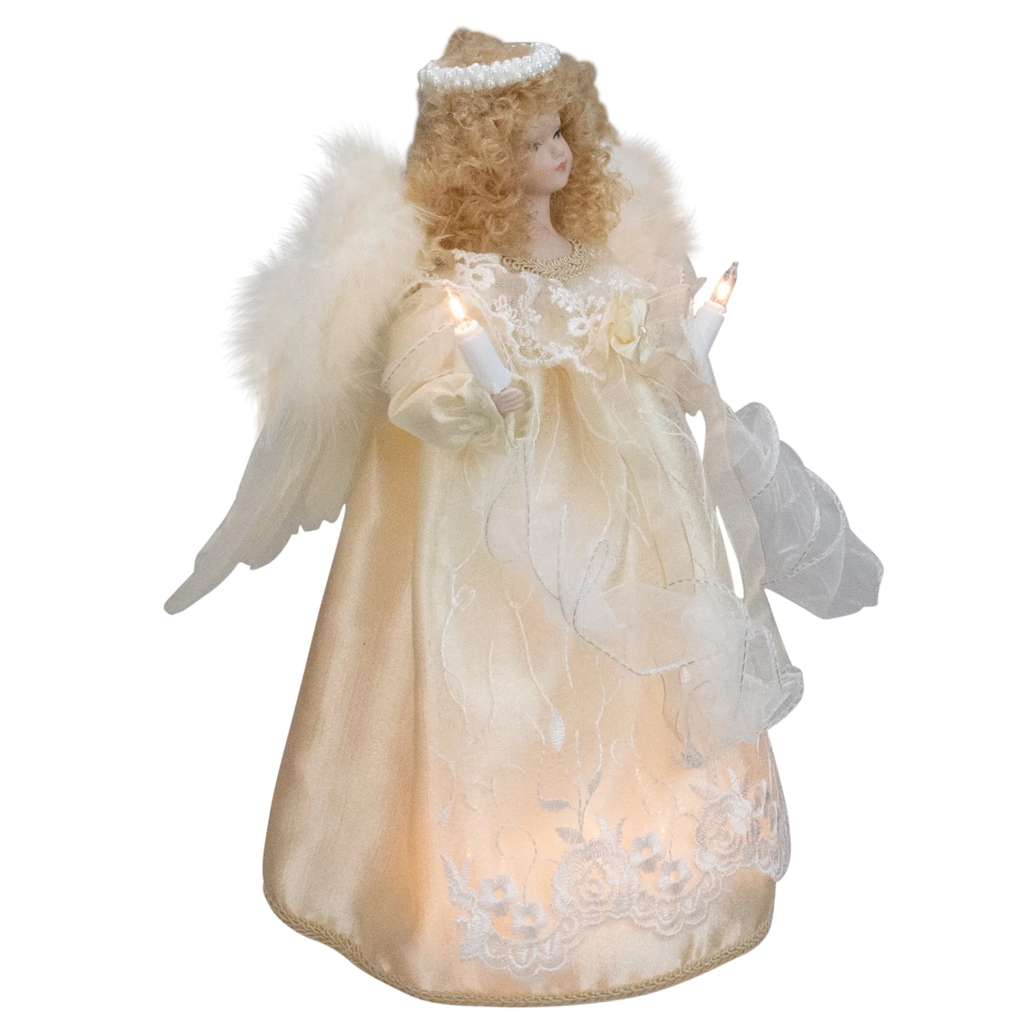 Kurt Adler Angels- 12" Lighted Ivory Angel With Halo Christmas Tree Topper - Clear Lights
