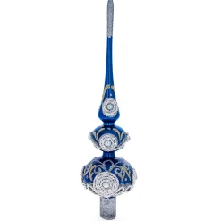 BESTPYSANKY Snowflake-Pearls And Twisted Rope On Double Ball Blue Glass Christmas Tree Topper 12.5 Inches