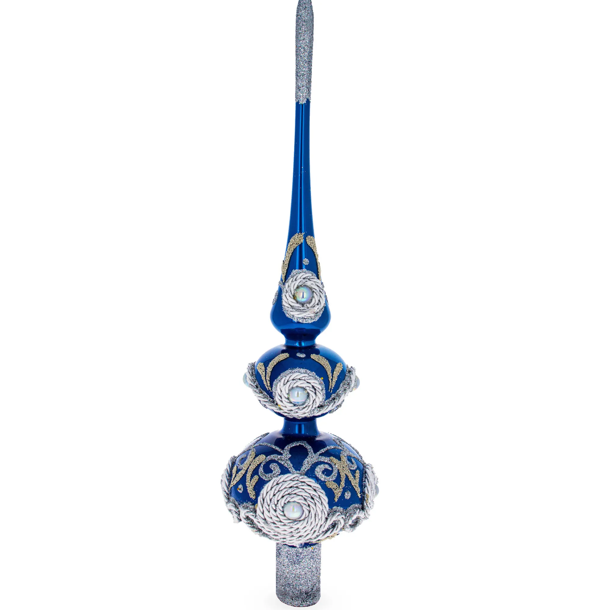 BESTPYSANKY Snowflake-Pearls And Twisted Rope On Double Ball Blue Glass Christmas Tree Topper 12.5 Inches