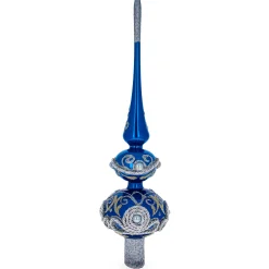 BESTPYSANKY Snowflake-Pearls And Twisted Rope On Double Ball Blue Glass Christmas Tree Topper 12.5 Inches